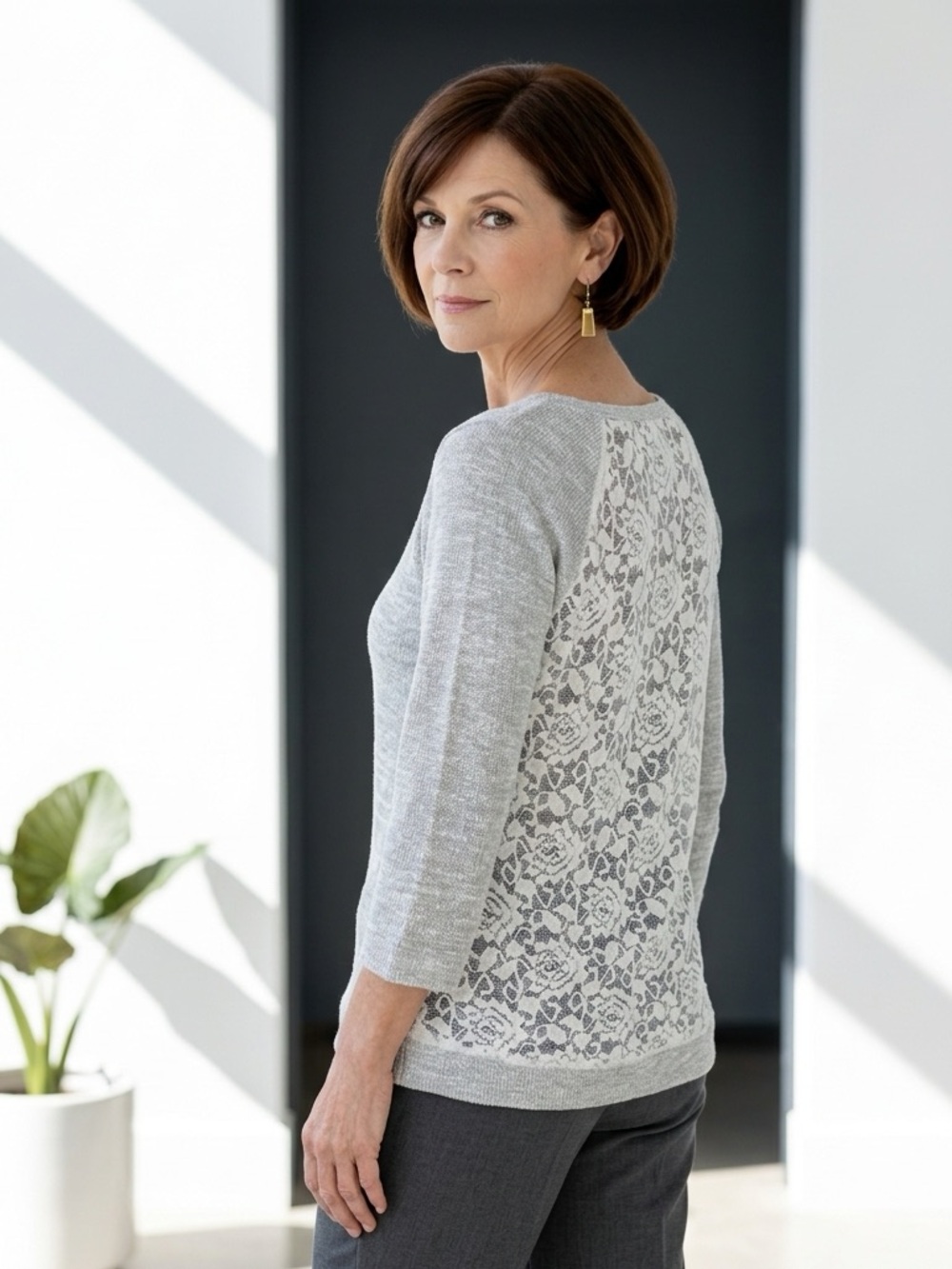 Express Cotton Sweater Top With Lace Back Detail 3/4 Sleeves Lightweight Small